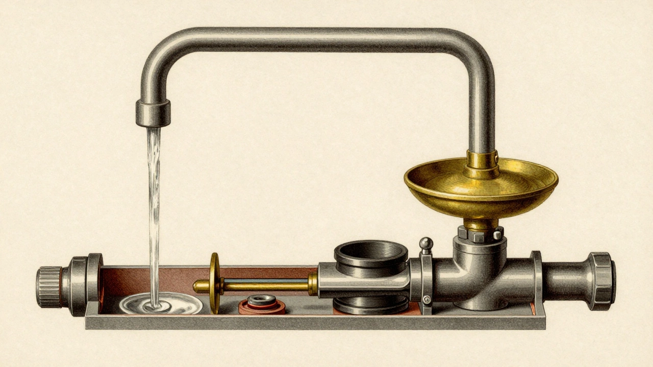 Винтажная иллюстрация механического поплавкового клапана 1920-х годов в разрезе.