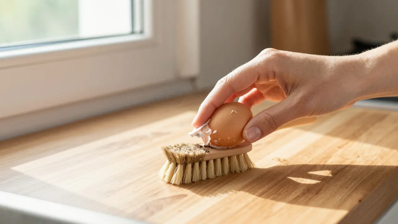 Женщина аккуратно протирает грязное яйцо сухой щеткой на деревянной доске.