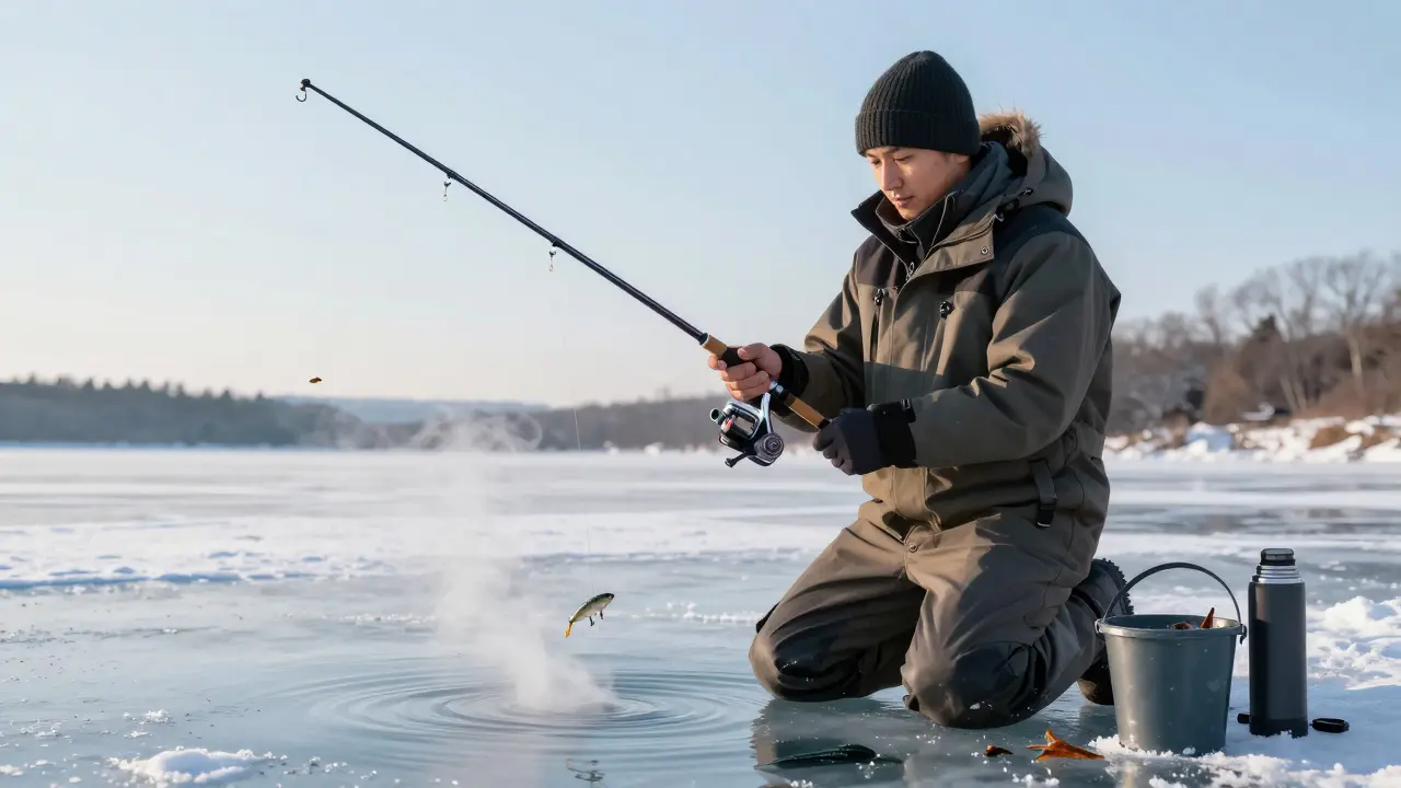 Зимний рыбак на льду с короткой удочкой, мормышка в лунке, снежный пейзаж