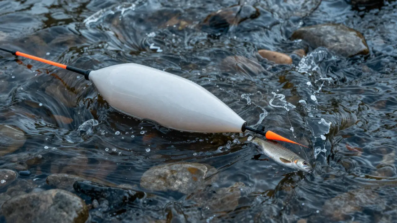Боковой поплавок лежит горизонтально на быстром течении, рыба клюёт под водой.
