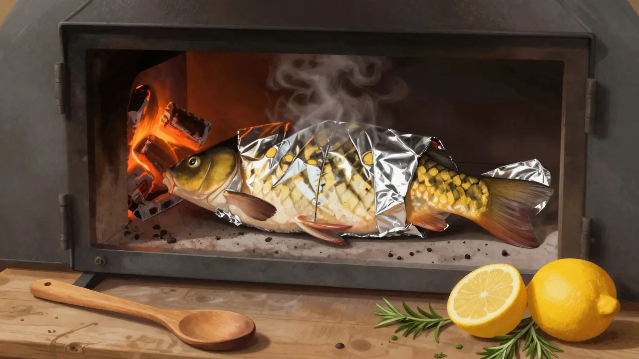 Целая карповая рыба, завернутая в фольгу, в русской печи с паром.