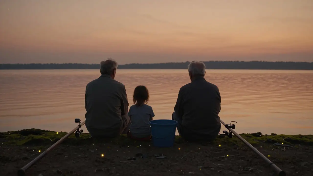 Дедушка и внук молча рыбачат на закате, между ними ведёрко, в воздухе — светлячки.