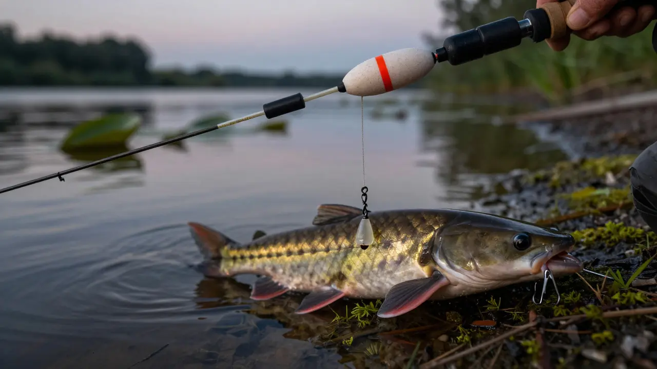 Детали снасти для ловли сома: пенополиуретановый поплавок, грузило и живец на шнуре, плавающий в мутной воде.