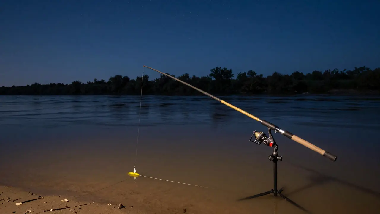 Фидерная удочка на подставке у реки ночью, тонкий кончик слегка дрожит.