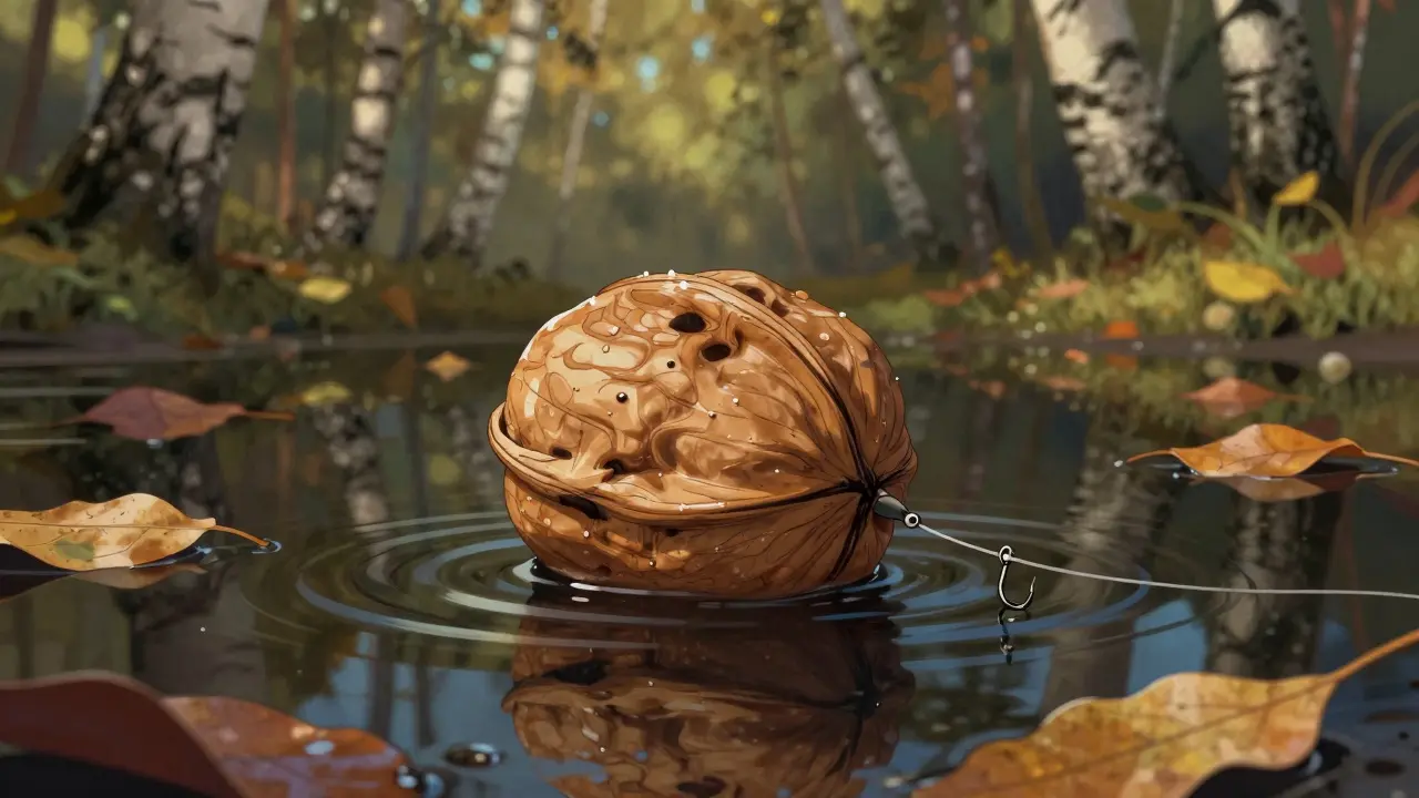 Грецкий орех в скорлупе плавает как поплавок на лесном пруду.