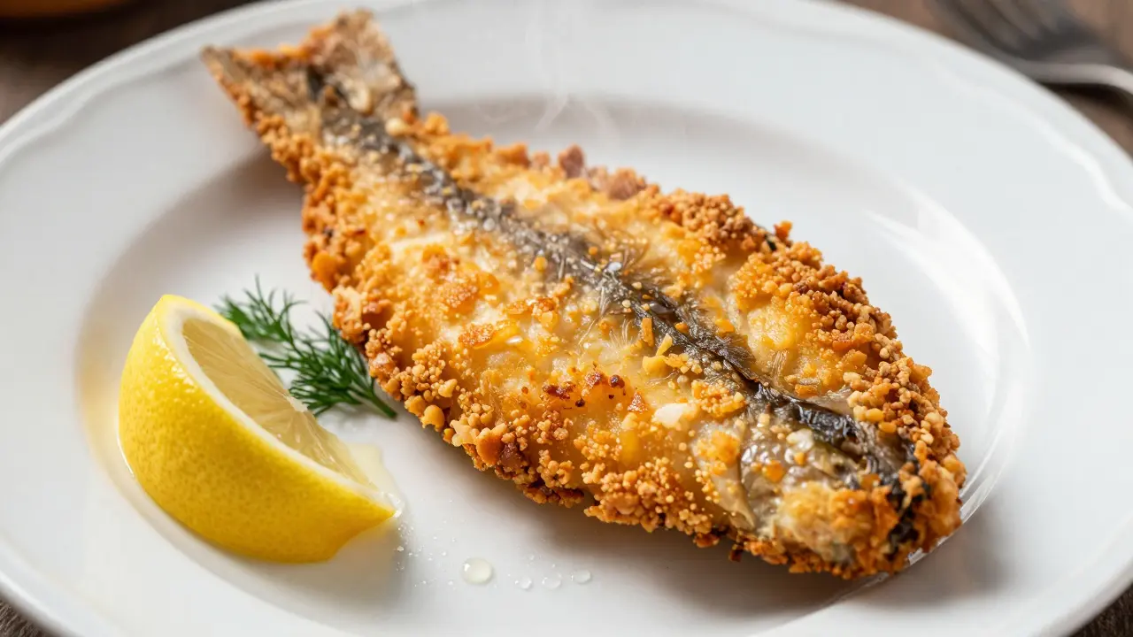 Хрустящая жареная рыба с золотистой корочкой на тарелке с лимоном и укропом.