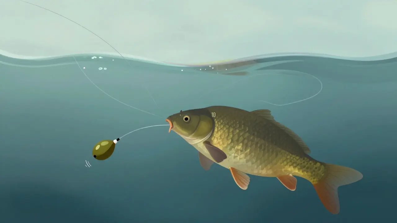 Карп тянет крючок, груз медленно сдвигается, поплавок слегка наклоняется — идеальный баланс снасти.