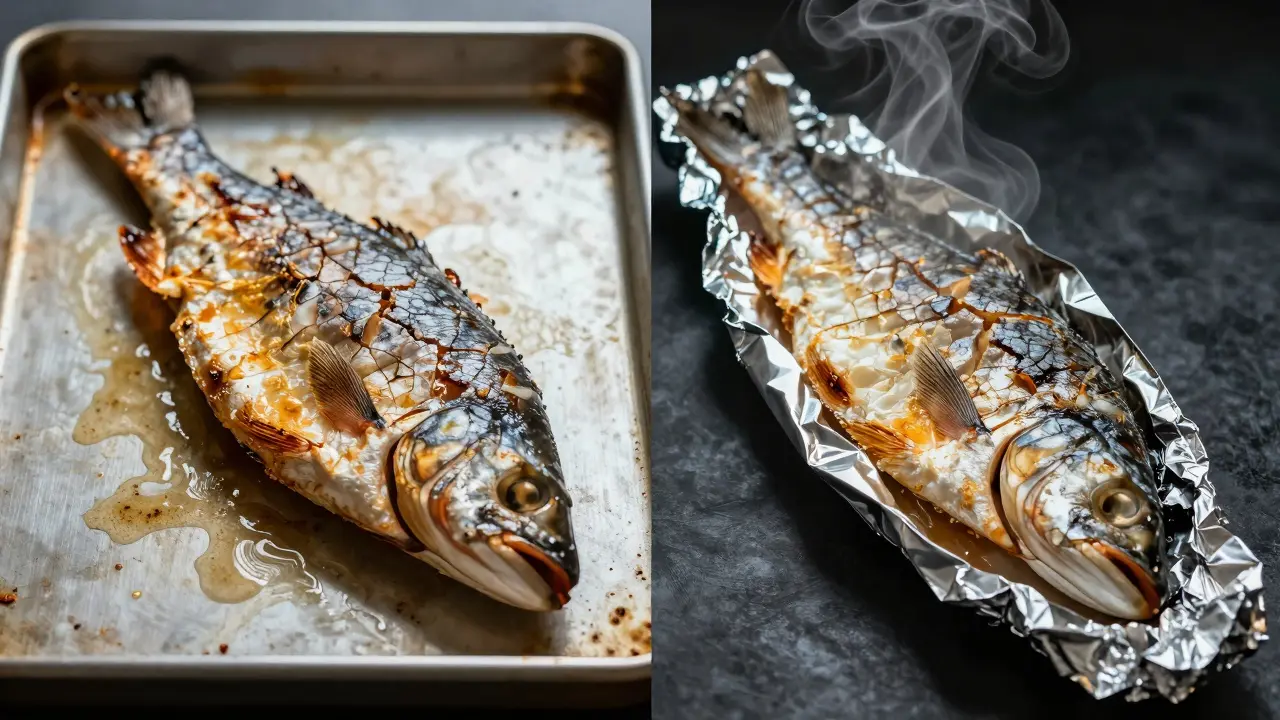 Контраст: сухая рыба без фольги и сочная — в фольге, при раскрытии.