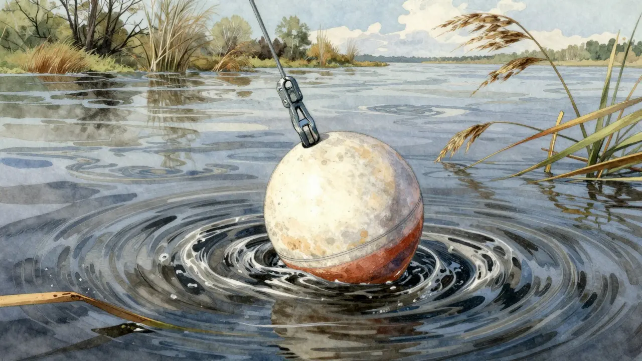 Металлический зажим удерживает поплавок на течении реки Волга.