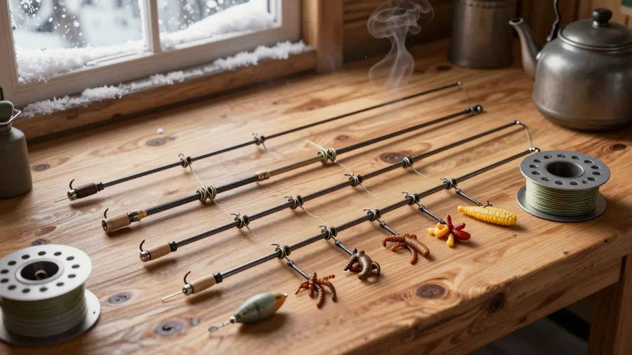 На деревянном столе лежит готовая многокрючковая снасть с наживками и поводками.