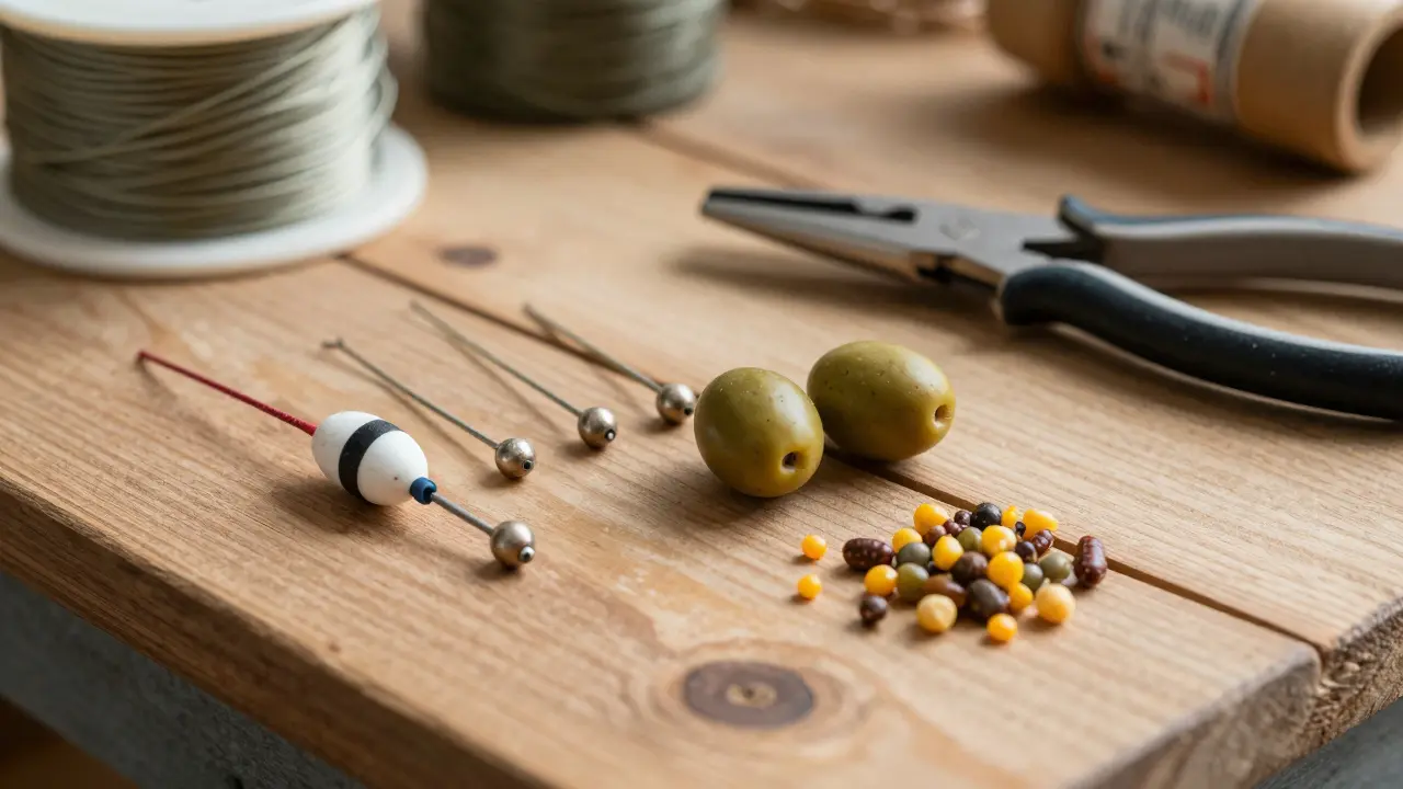 На деревянном столе разложены поплавок, грузила разных весов, наживка и снасти для рыбалки.