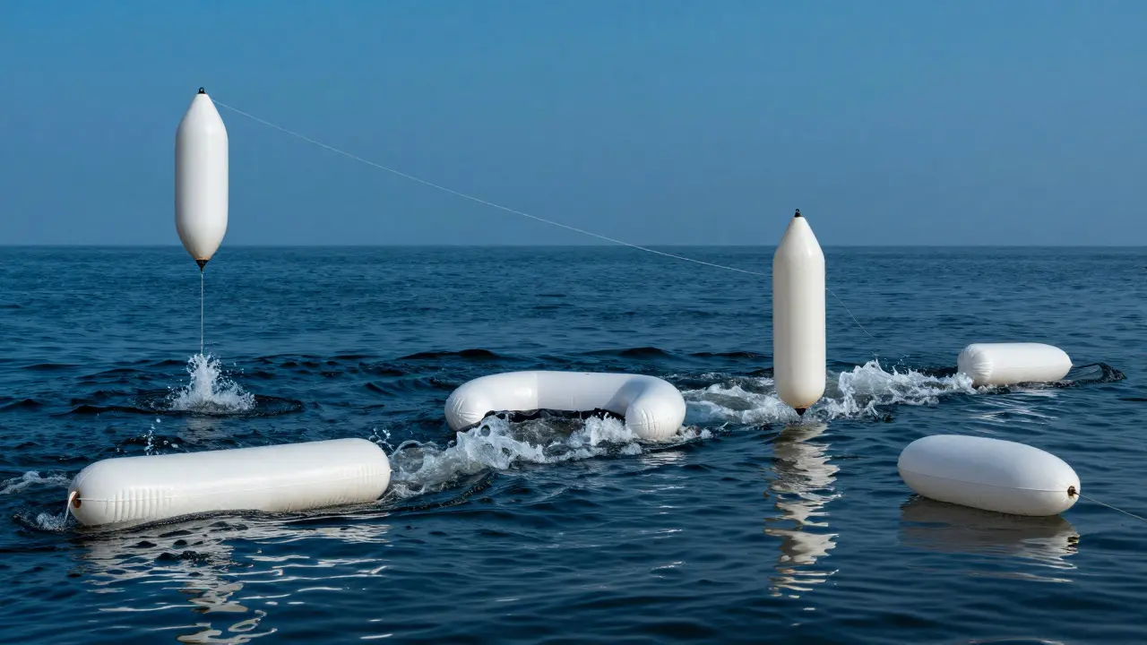 Пять типов поплавков на разных условиях воды, соединенные леской.