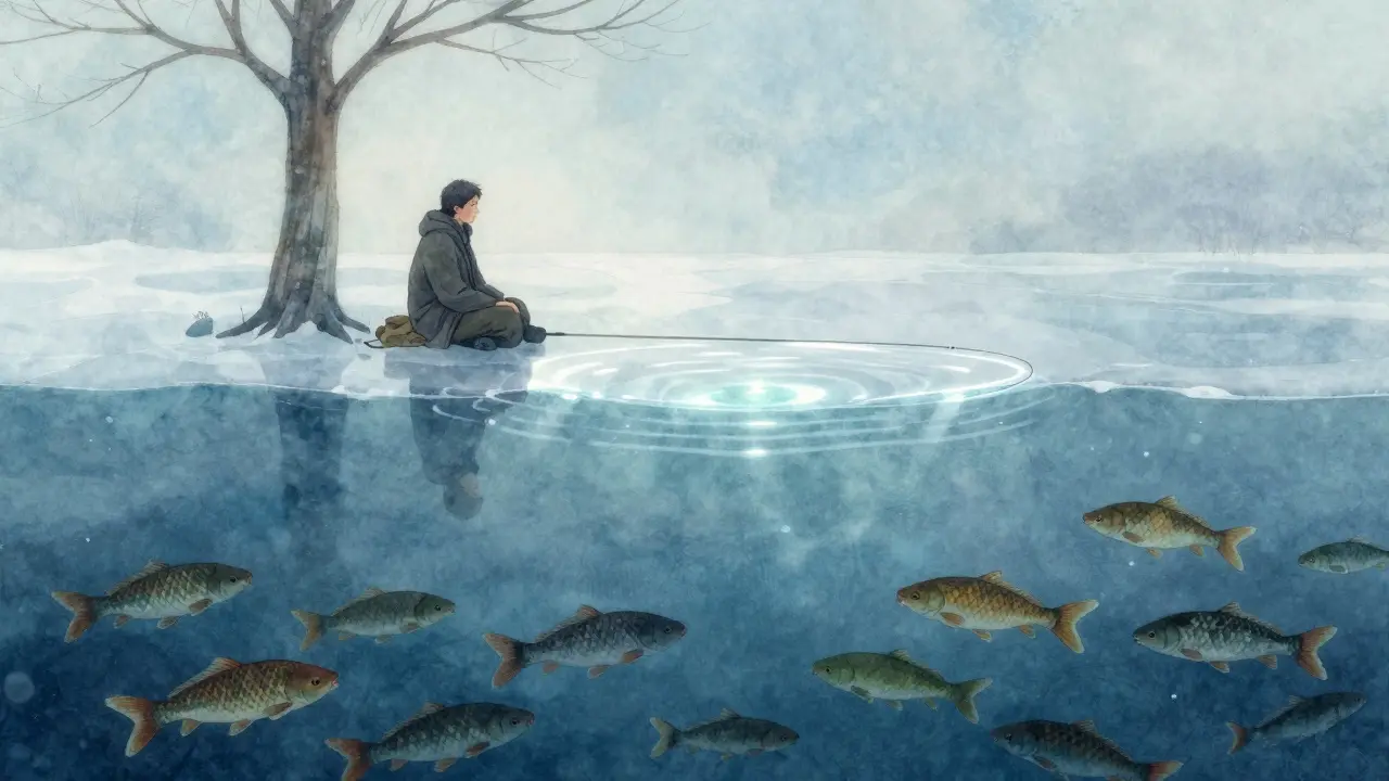 Под льдом рыба спокойно плывёт к удочке, а рыбак сидит неподвижно, как часть природы.