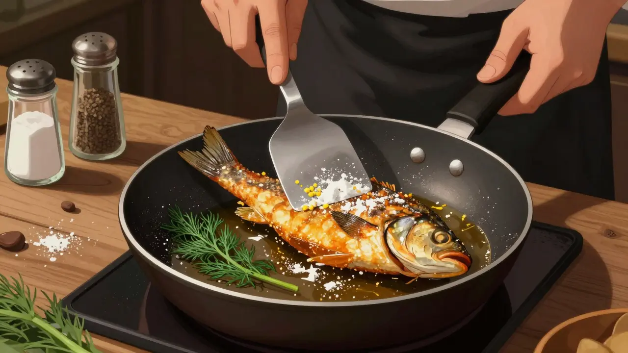 Повар аккуратно переворачивает жареную окуня тонкой лопаткой на сковороде.