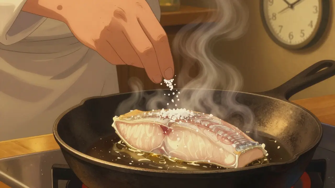 Повар кладет рыбу на раскаленную сковороду, над ней поднимается пар.