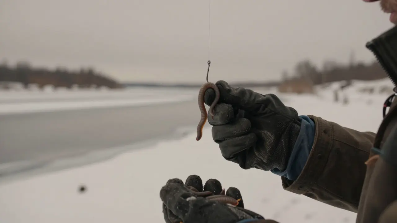 Рука в перчатке дует на червя перед насаживанием на крючок, рядом — тёплое хранилище наживки.