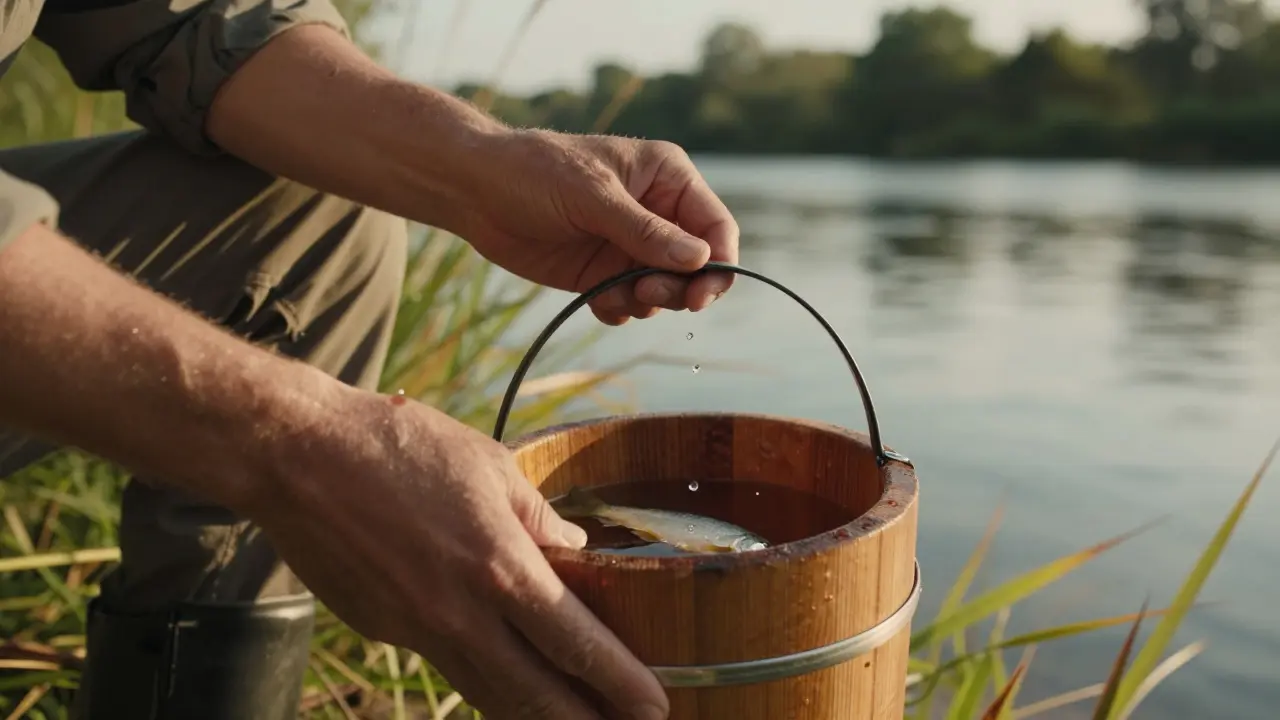 Руки держат удочку у ведёрка с маленькой рыбкой, вокруг — тростник и спокойная вода.