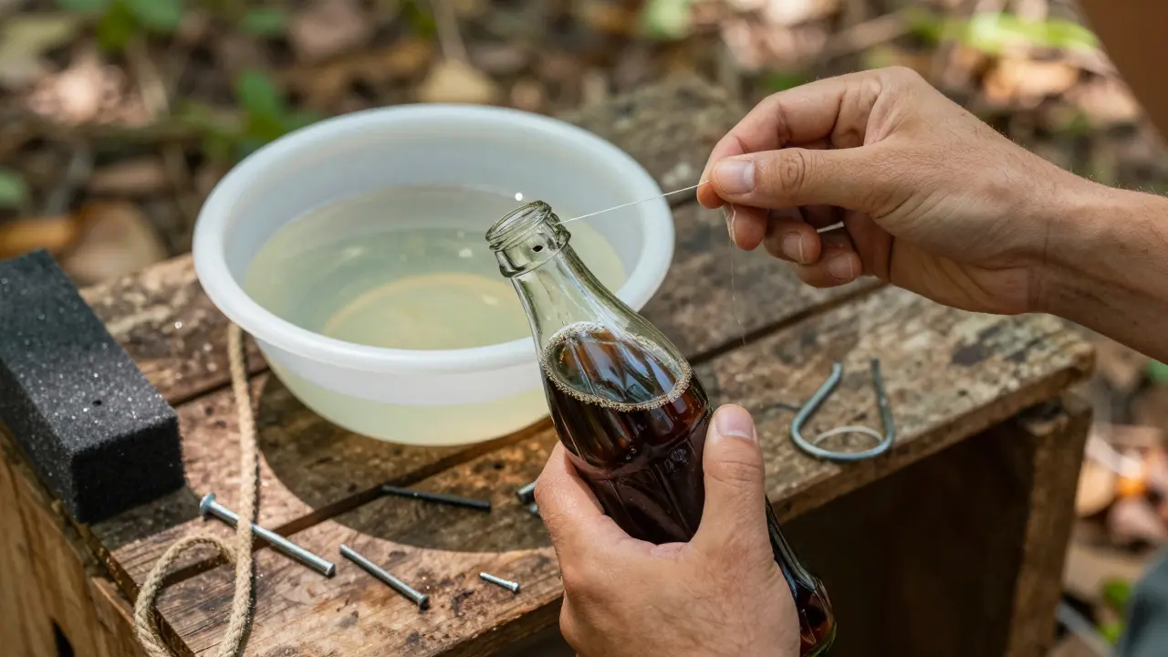Руки продевают леску через отверстие в сухой пластиковой бутылке для поплавка.