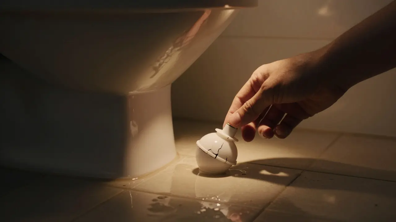 Рукой заменяют треснувший поплавок в темном туалете, с течью на полу.