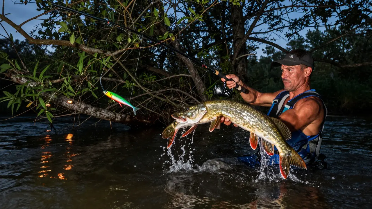 Рыбак забрасывает спиннинг через кусты в сумерках, приманка в воздухе.