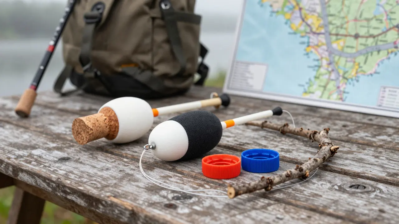 Самодельные поплавки из пробок, пенопласта и крышек на деревянном столе.