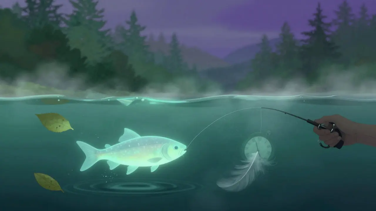 Символический диалог рыбака с природой: леска соединяет руку и светящуюся рыбу в тумане.