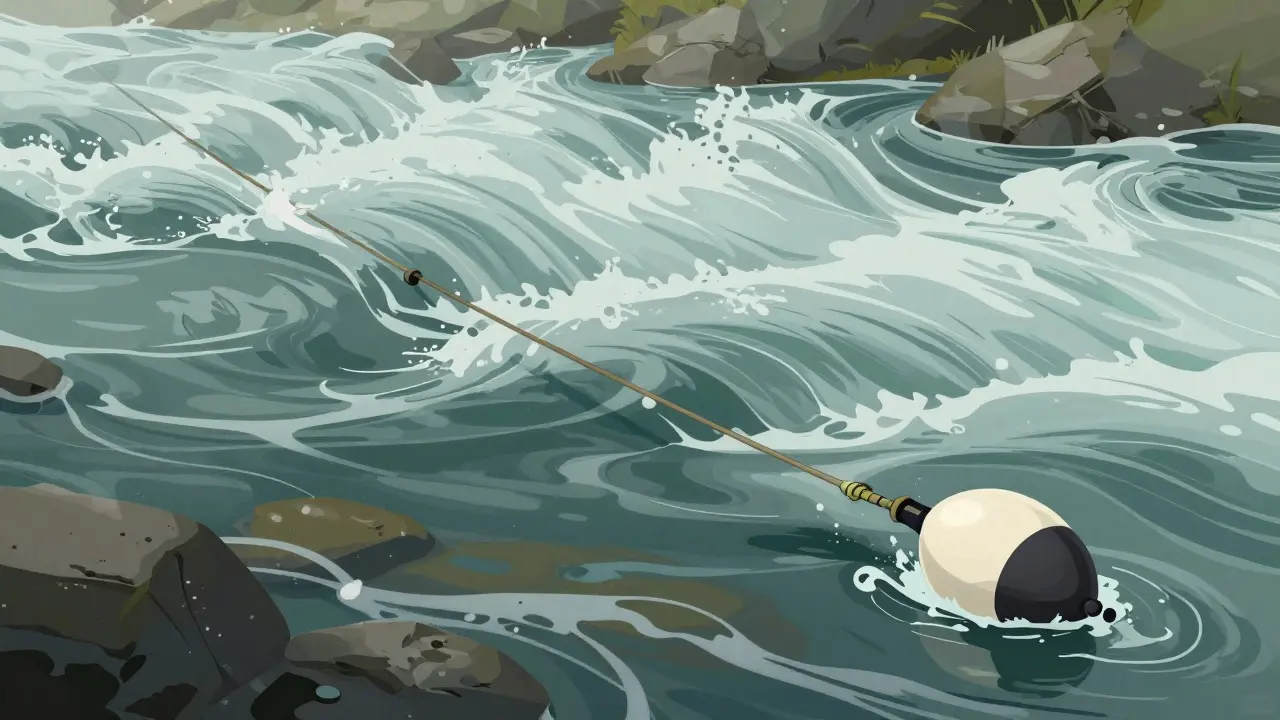 Скользящий поплавок на сильном течении с грузилом на дне, вода бурлит вокруг.