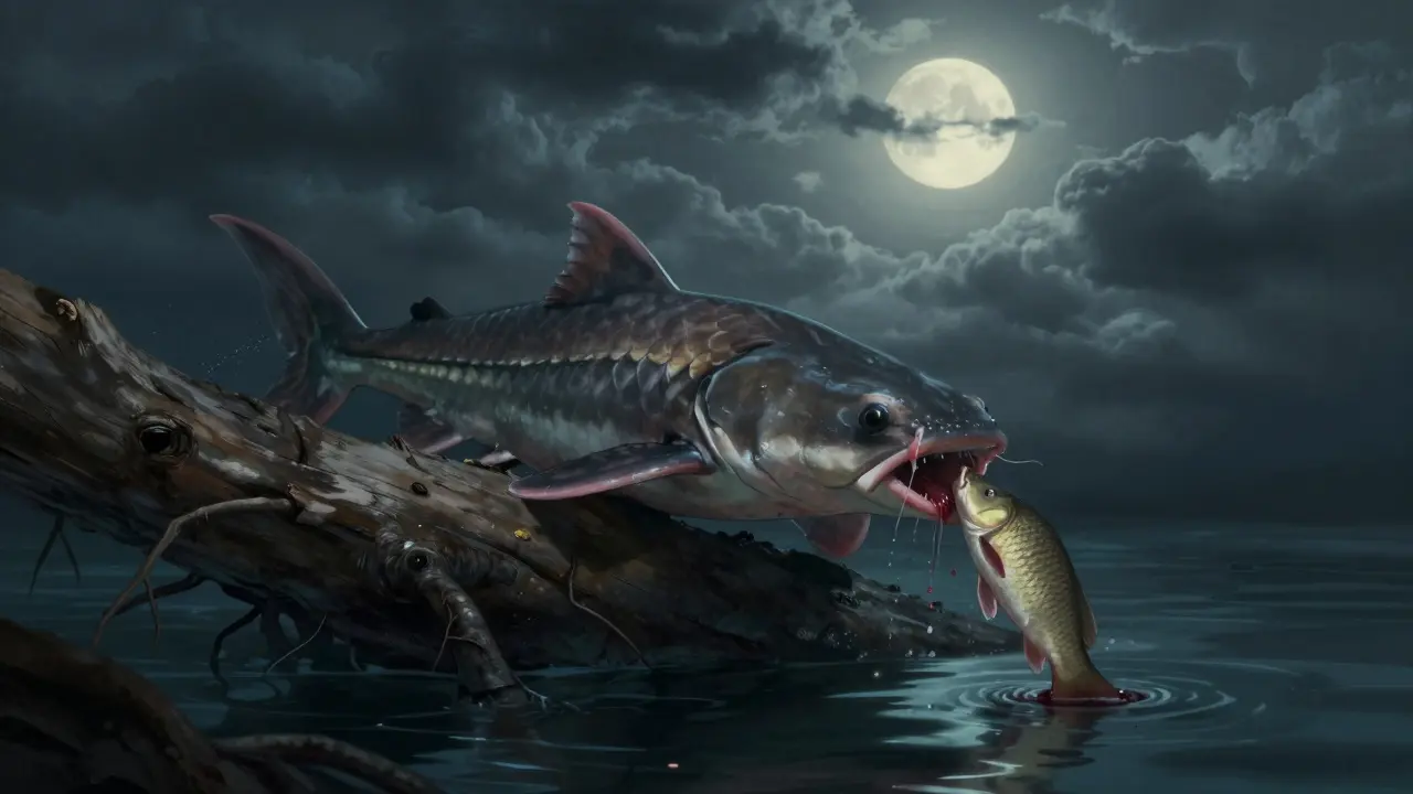 Сом в темной воде под корягой, заглатывающий свежий кусок плотвы, лунный свет на поверхности.