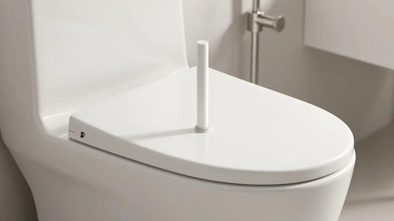 Современный цилиндрический поплавок в белом бачке унитаза, уровень воды ниже перелива.