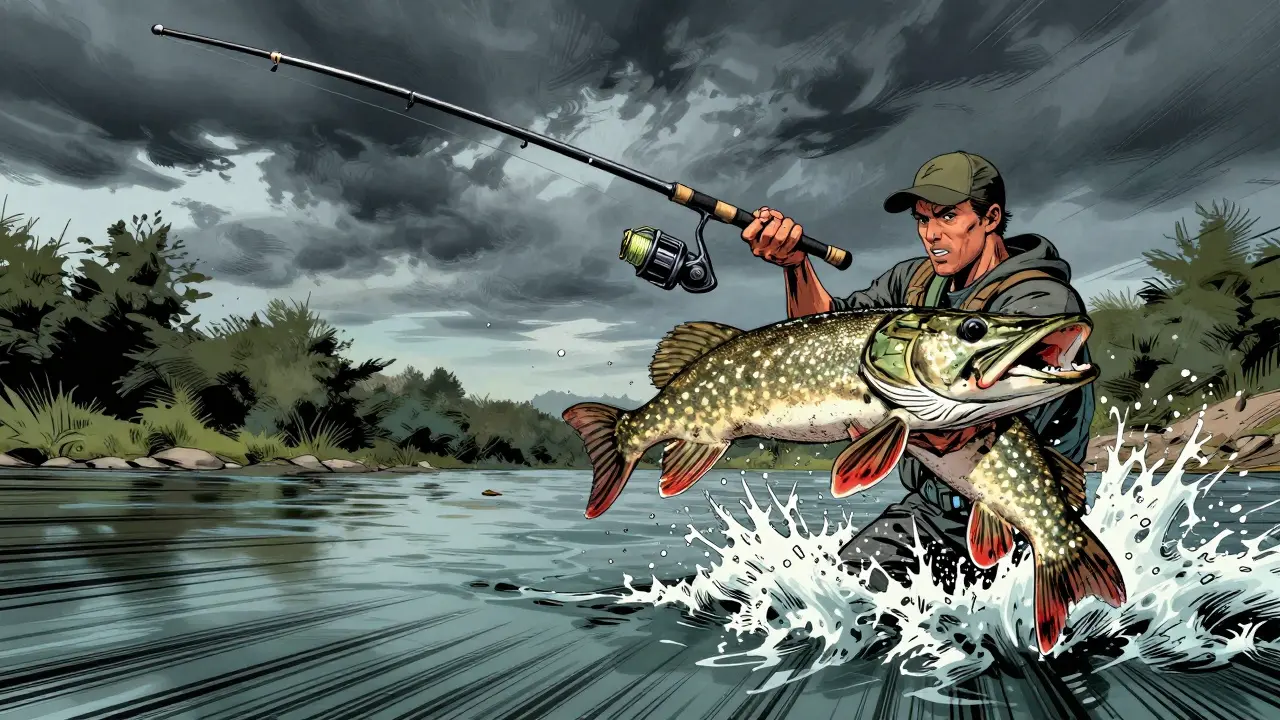 Спиннингист забрасывает удилище с крупными кольцами, хищник прыгает из воды в бурлящей реке.