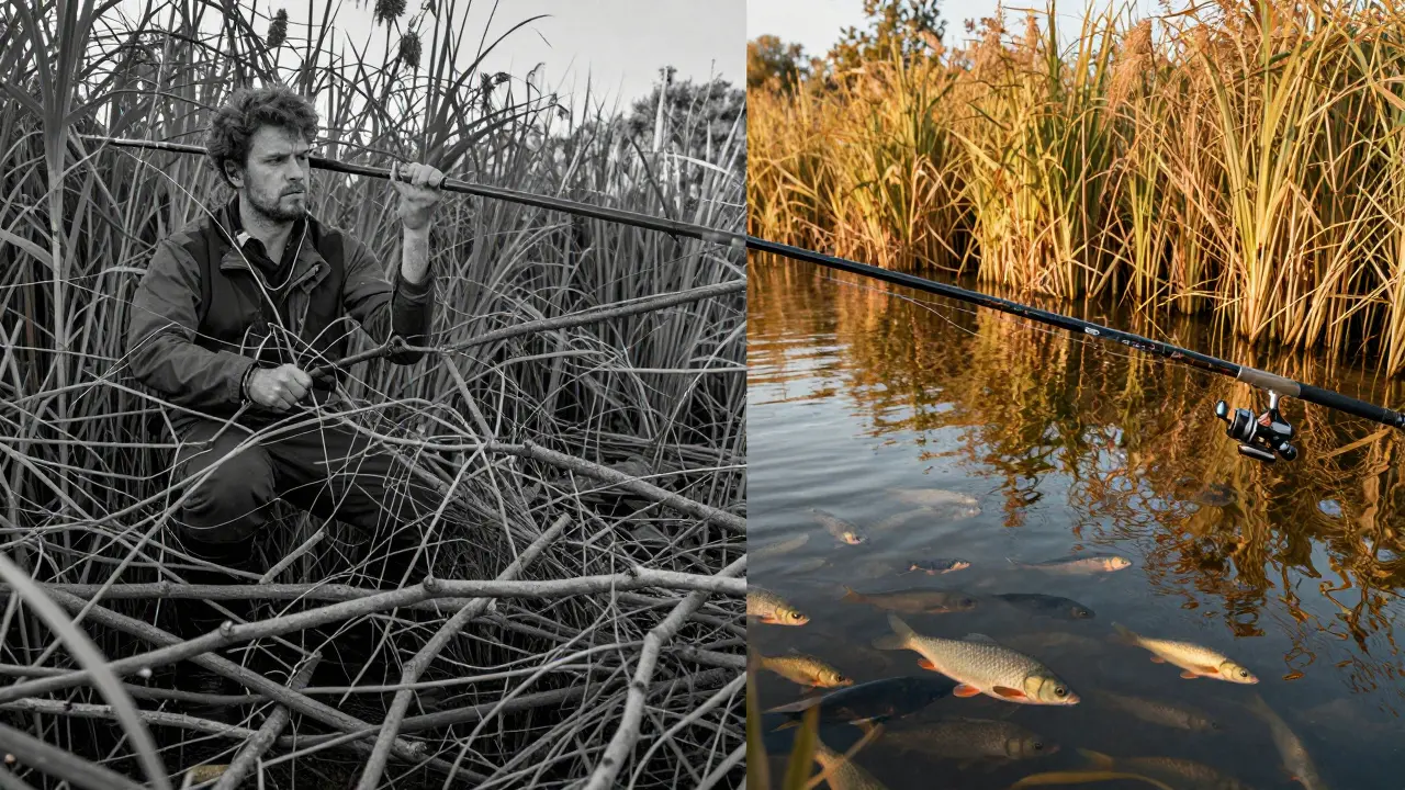 Сравнение: длинная удочка запуталась в кустах, а короткая легко проходит сквозь заросли — эффективность рыбалки.