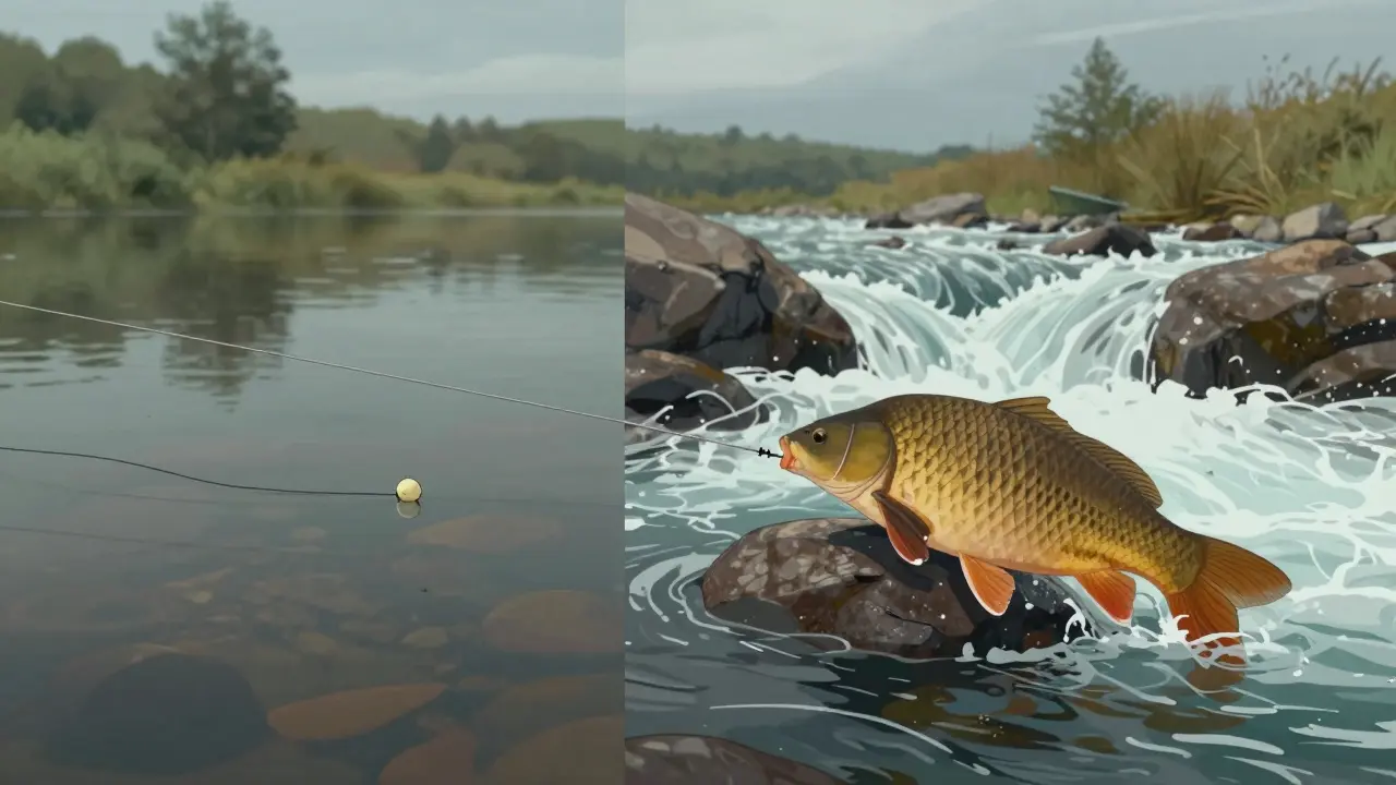 Сравнение тонкой и толстой лески: лещ на спокойной воде и карп в сильном течении.