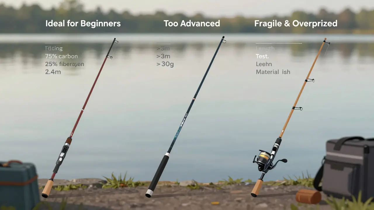 Сравнение трёх удочек: идеальная для новичков, слишком тяжёлая и хрупкая, с подписями длины и теста.