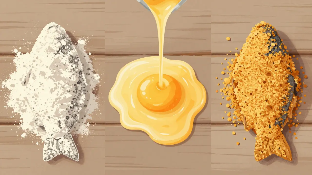 Трехэтапный процесс панировки рыбы: мука, яйцо, панировочные сухари.