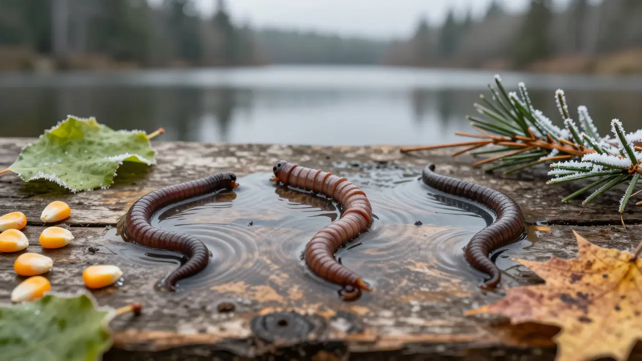 Три натуральные наживки — червь, мотыль и пескожил — на деревянной поверхности с сезонными элементами.