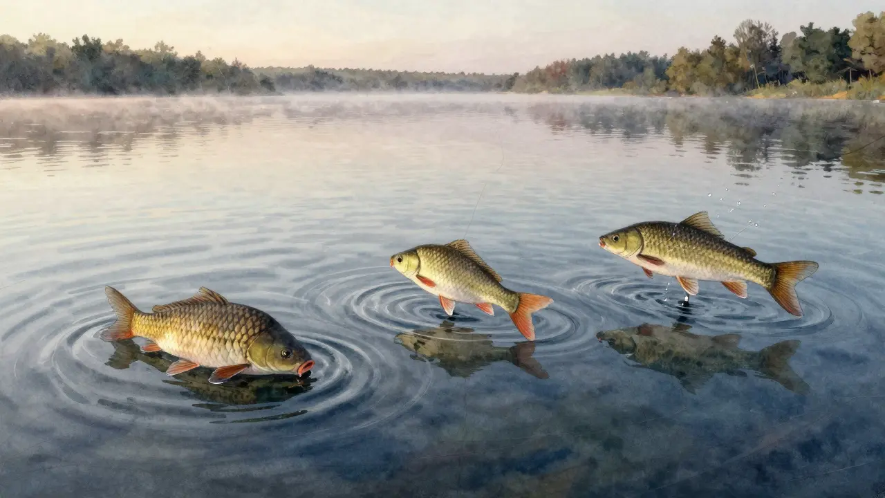 Три поплавка на озере показывают разные типы поклёвок: плотвы, леща и щуки.