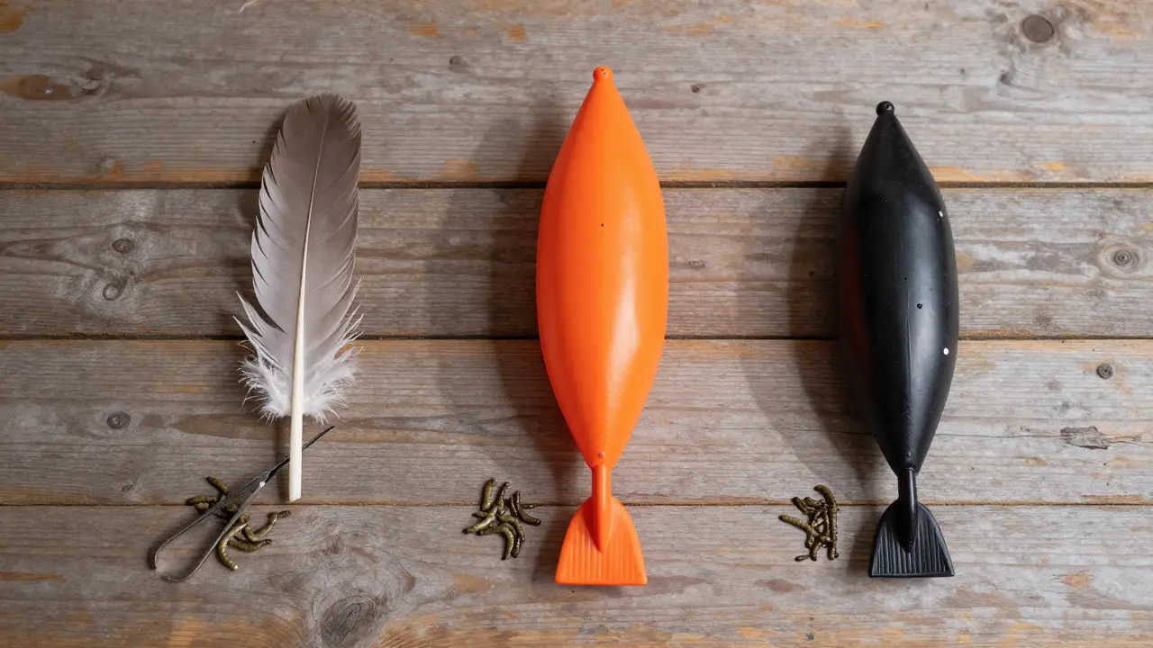 Три сезонных поплавка на деревянном столе: весенний, летний и зимний.