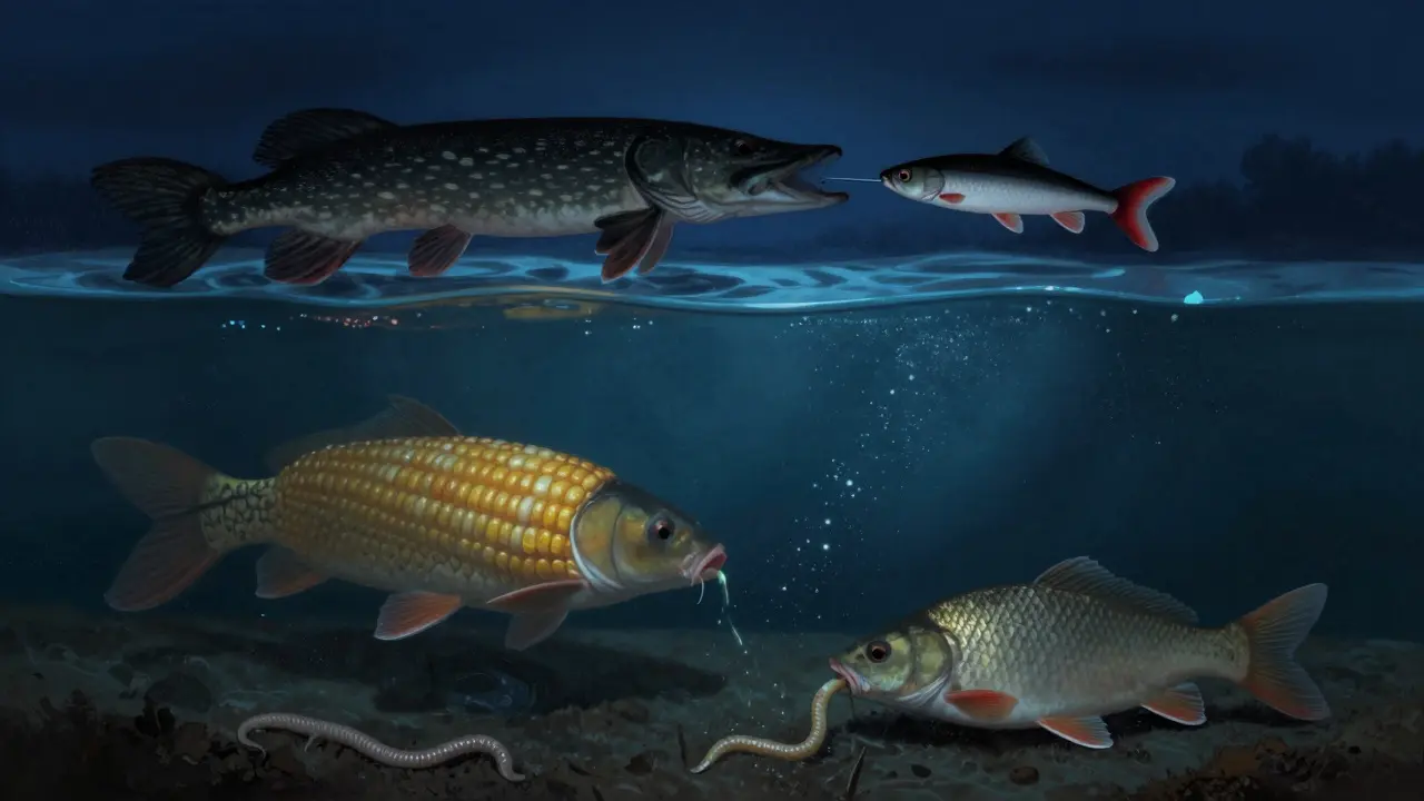 Три зоны реки ночью: щука, карп и лещ с подходящей наживкой, акцент на запахах в воде.