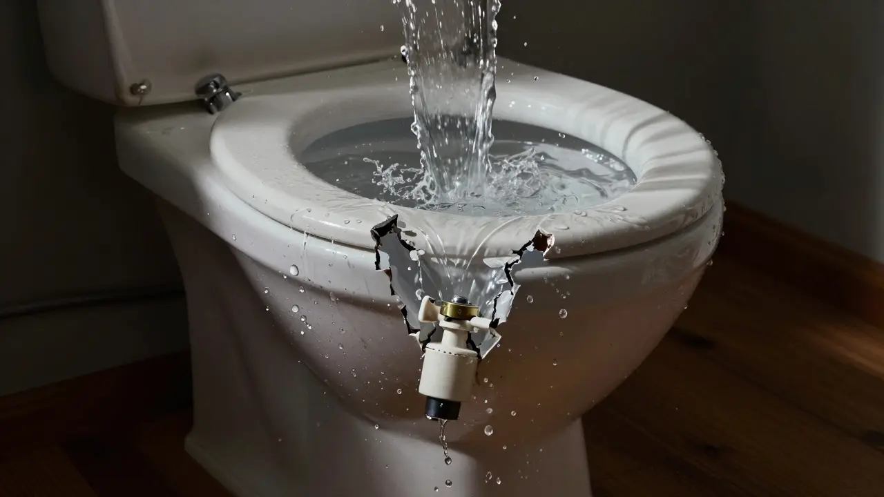 Вода переливается из бачка унитаза на пол, сломанный поплавок утонул.