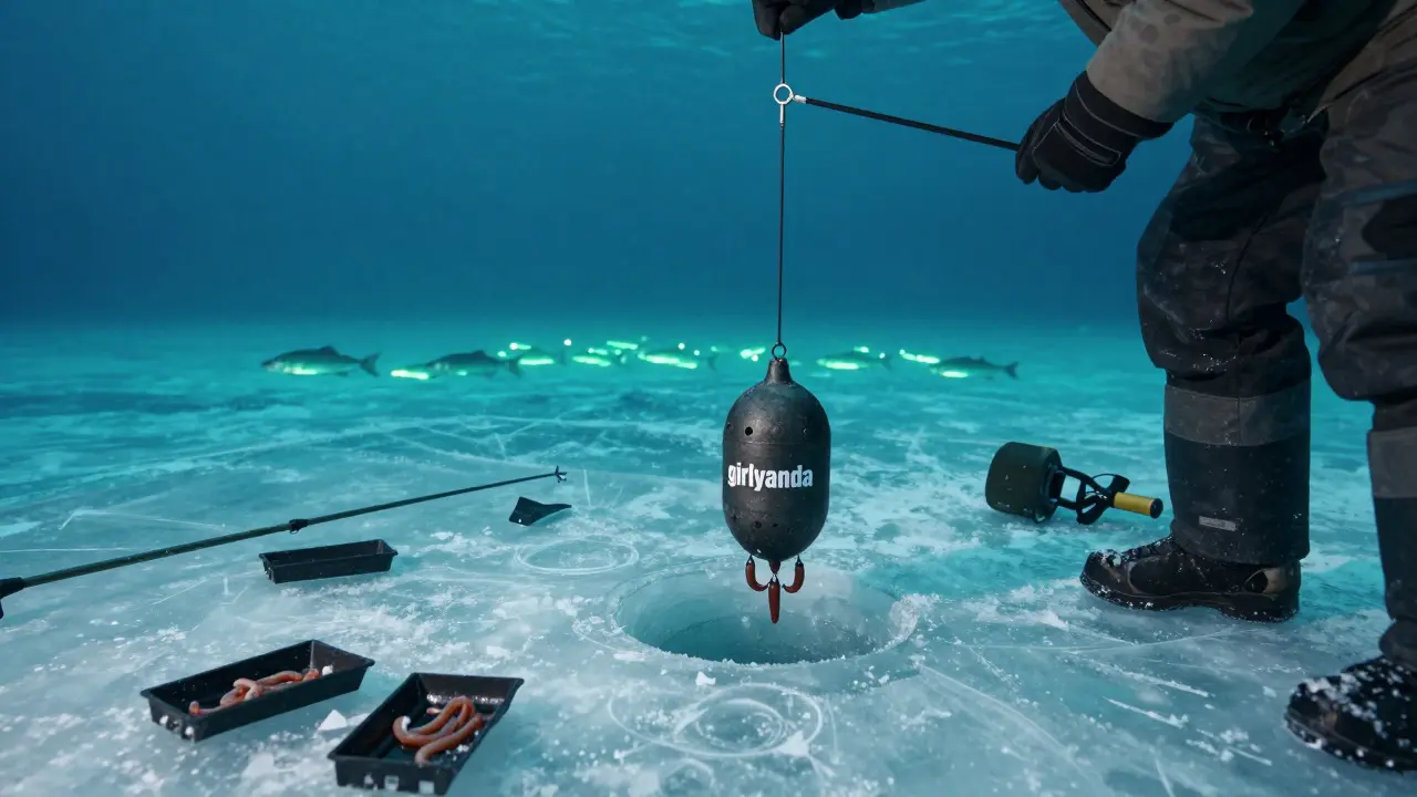 Зимняя ловля на льду: снасть с гирляндой и мотылем опускается в ледяную воду.