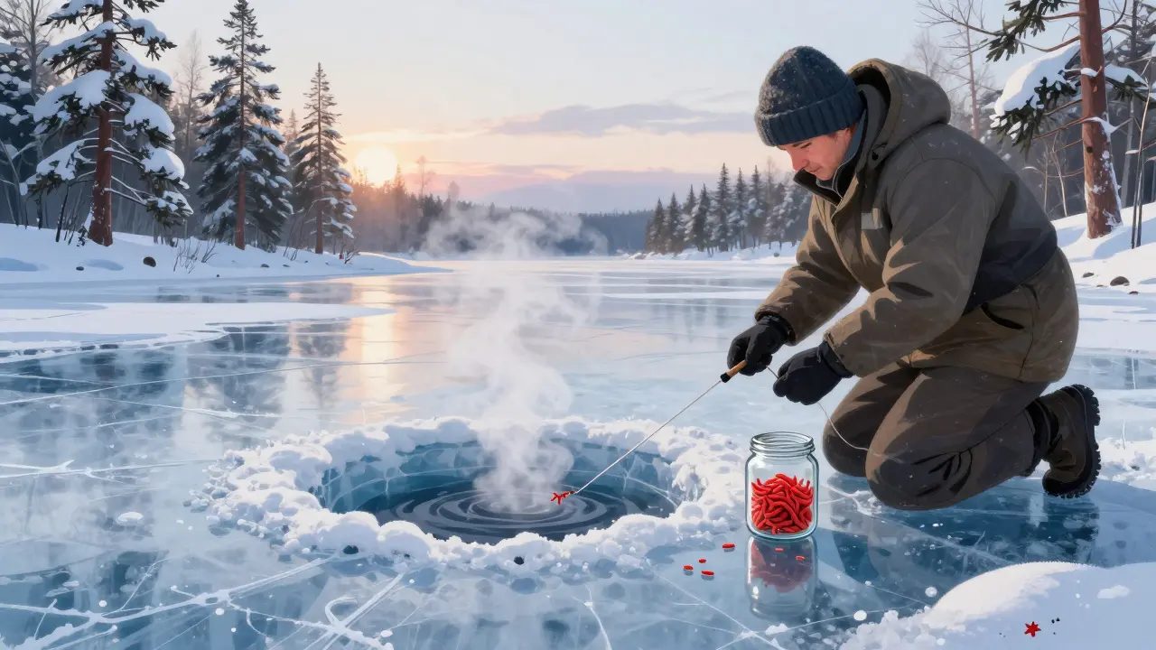 Зимняя рыбалка на льду: в руках рыбака — баночка с мотылем, на льду виден лунок.