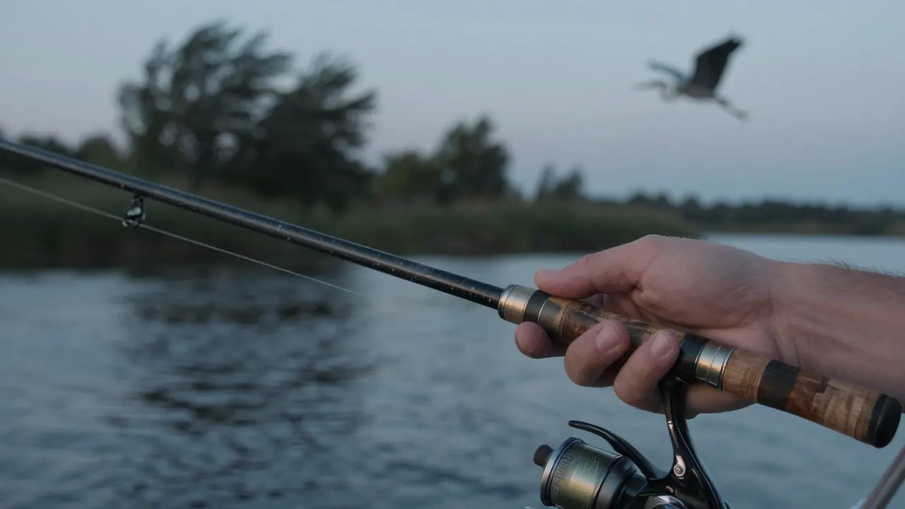 Близкий план руки с удочкой, поплавок на спокойной воде при сумерках.