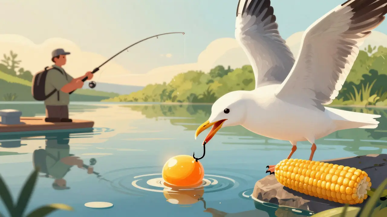 Чайка клюет яичный желток на крючке, другой рыбак использует кукурузу