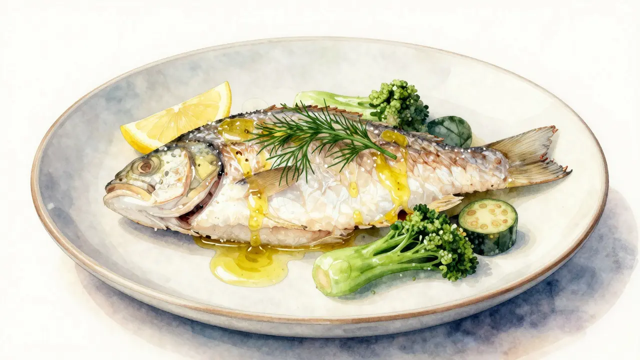 Готовая рыба на охлаждённой тарелке с лимоном и укропом, подчёркивая нежность.