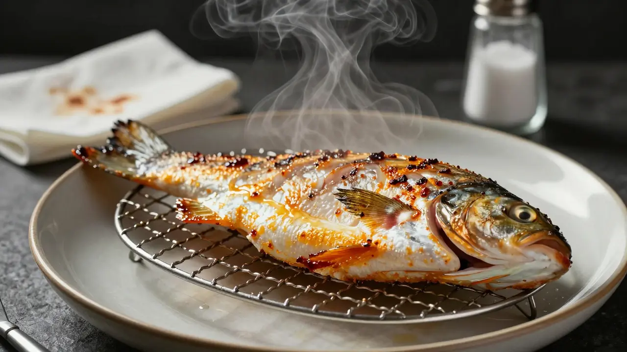 Готовая рыба отдыхает на решетке, сохраняя сочность и хрустящую корочку.