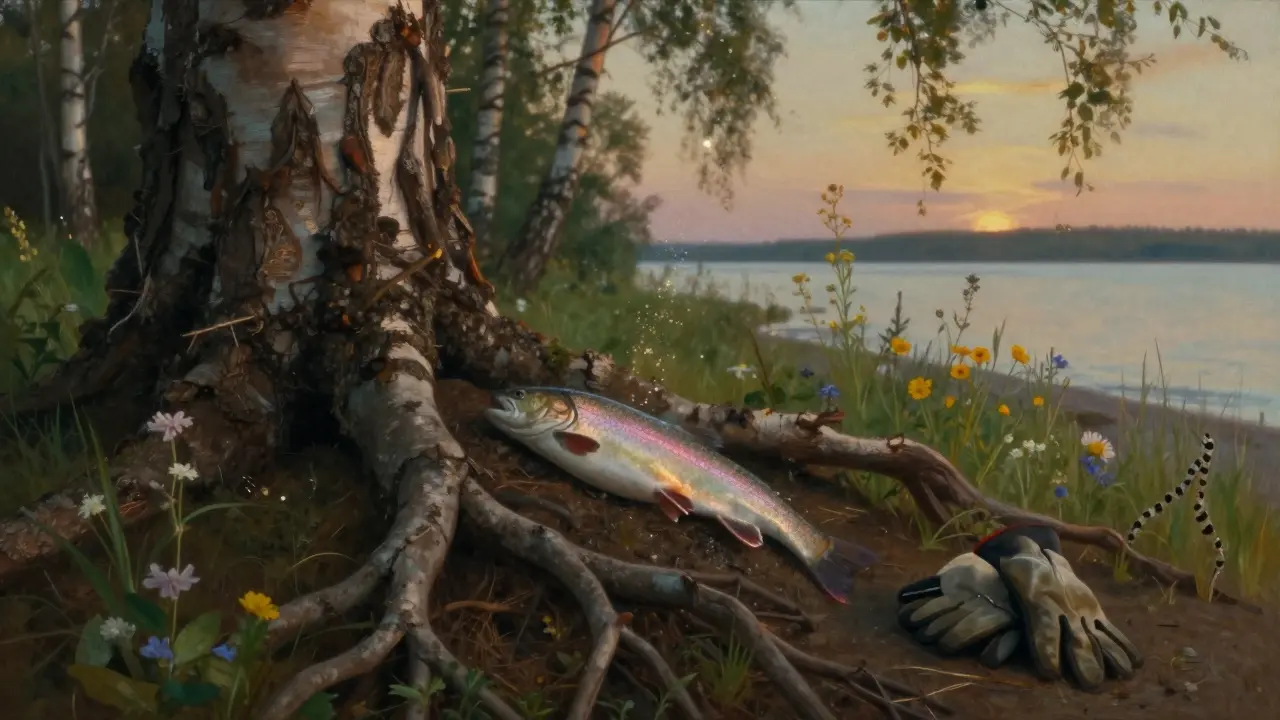 Мертвая рыба частично закопана у корня березы, рядом лежат рыболовные перчатки.