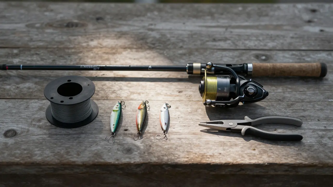 Минималистичный набор для начала рыбалки: удочка, катушка, леска и приманки на деревянном столе.