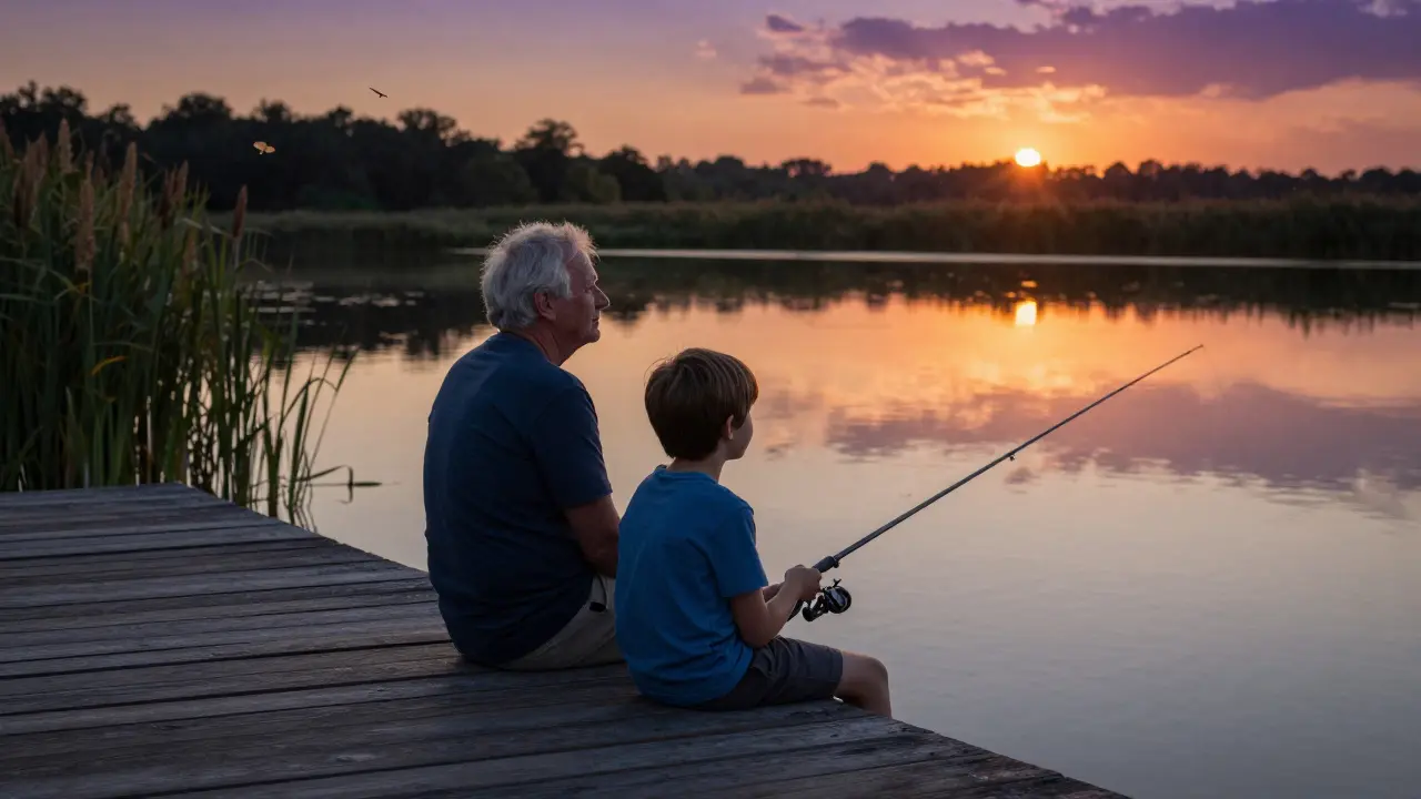 Отец и сын молча ловят рыбу на закате, связаны тишиной и спокойствием.