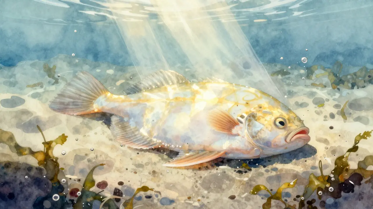 Плоская рыба на морском дне, освещённая солнечными лучами сквозь волны.