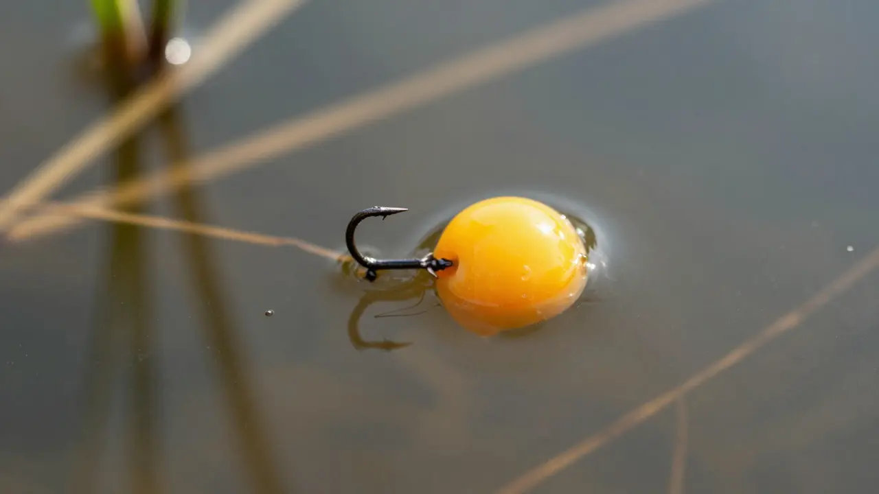 Правильно насаженный желтковый приманка на крючке, плавающая над водой с водорослями.